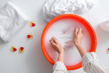 Woman washing laundry in basin with water on white table, top viewの写真素材