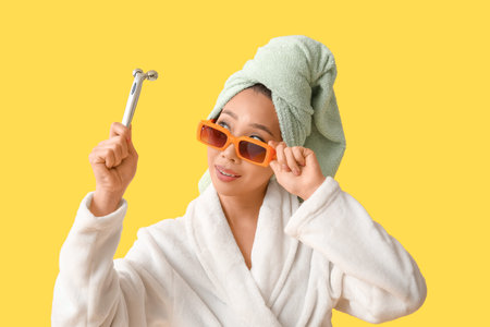 Young Asian woman in sunglasses with facial massage tool after shower on yellow background