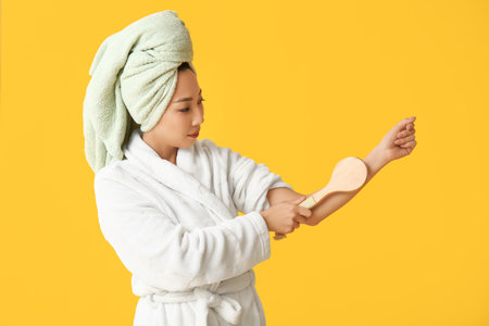 Young Asian woman in bathrobe with massage brush after shower on yellow backgroundの写真素材