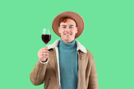 Young man with glass of wine on green backgroundの写真素材