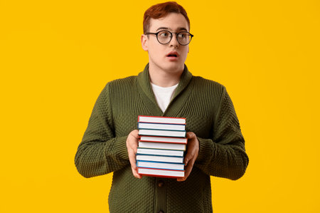 Surprised young man with stack of books on yellow backgroundの写真素材