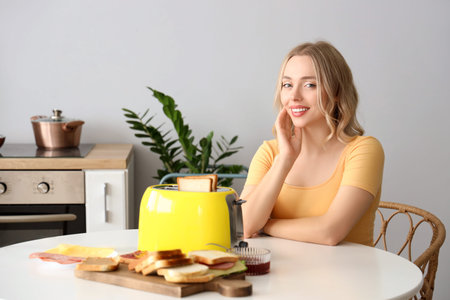 Young beautiful woman with modern toaster sitting in kitchen
