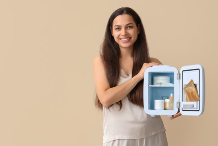 Beautiful young happy woman with small cosmetic refrigerator on beige backgroundの写真素材