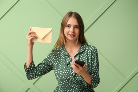 Pretty young woman with mobile phone and envelope on green backgroundの写真素材