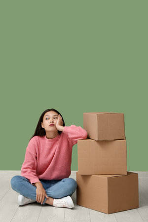 Tired young woman with many parcels sitting on floor near green wall