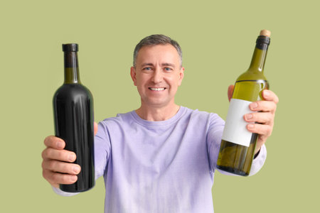 Mature man with bottles of wine on green backgroundの写真素材