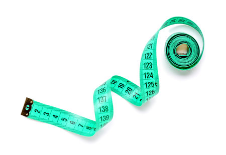 Turquoise measuring tape on white background