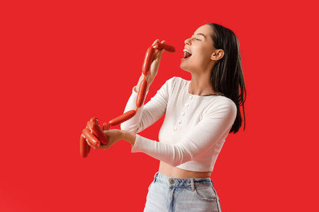 Young woman eating tasty sausages on red backgroundの写真素材