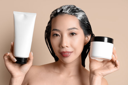 Young Asian woman with hair mask on beige background, closeupの写真素材