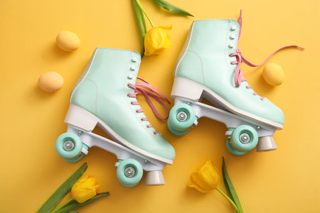 Vintage roller skates with Easter eggs and beautiful tulips on yellow backgroundの写真素材