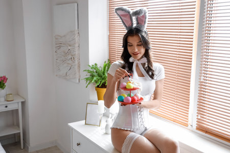 Sexy young woman in bunny costume with Easter eggs sitting on commode at homeの写真素材