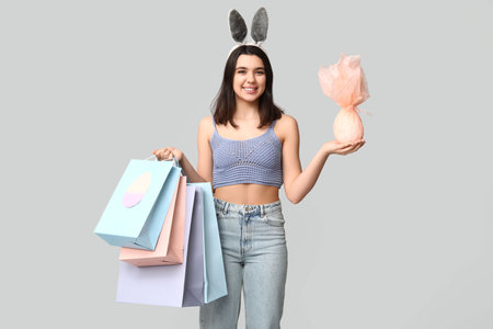 Beautiful young happy woman in bunny ears with shopping bags and Easter gift egg on gray backgroundの写真素材