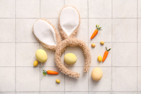 Bunny ears with Easter eggs and carrots on white tiled background