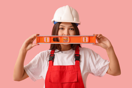 Young female worker with spirit level on pink backgroundの写真素材