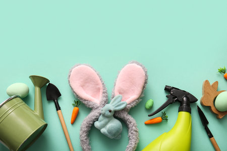 Bunny ears with Easter eggs and gardener tools on turquoise backgroundの写真素材