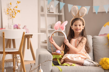 Cute little girl wearing bunny ears with Easter basket at homeの写真素材