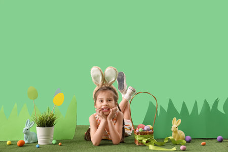 Cute little girl wearing bunny ears with Easter eggs, rabbit and decorations on green background