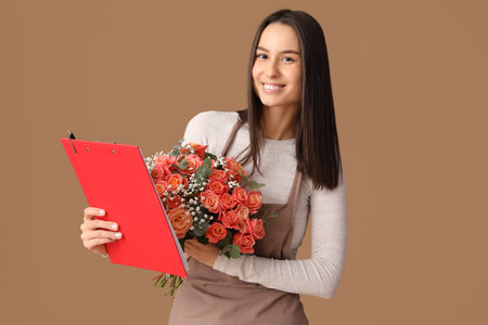 Young delivery woman with bouquet of beautiful flowers and clipboard on brown backgroundの写真素材
