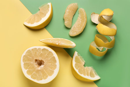 Tasty cut pomelo fruit with slices and peel on colorful backgroundの写真素材