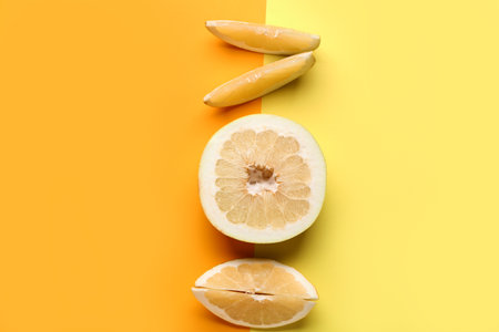 Half of sweet pomelo fruit and slices on colorful backgroundの写真素材