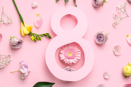Figure 8 made of paper and different beautiful flowers on pink background. International Women's Dayの写真素材