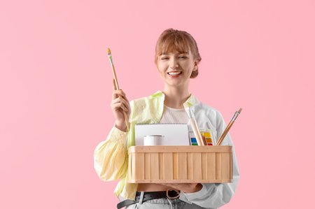Female artist with art supplies on pink backgroundの写真素材