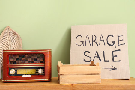 Vintage radio, basket and cardboard with text GARAGE SALE near green wall in roomの写真素材