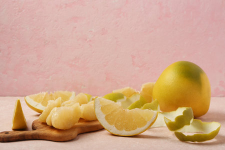 Tasty pomelo fruit, peel and wooden board with pieces on pink grunge backgroundの写真素材