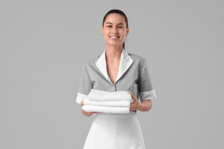 Young chambermaid with clean towels on light background