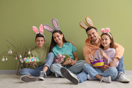 Happy family in bunny ears with Easter gifts sitting near green wall