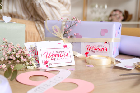 Beautiful gift boxes, greeting cards and packing materials on wooden table. International Women's Dayの写真素材
