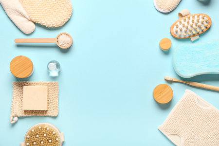 Frame made of bath supplies on blue backgroundの写真素材