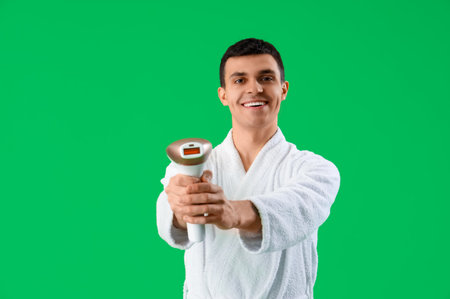 Young man with photoepilator on green backgroundの写真素材