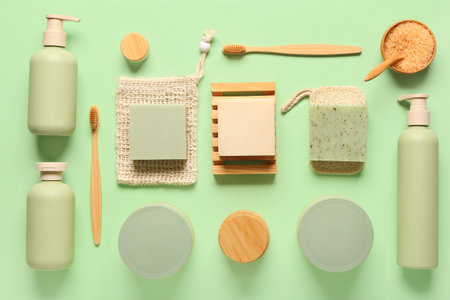 Bath supplies on green backgroundの写真素材