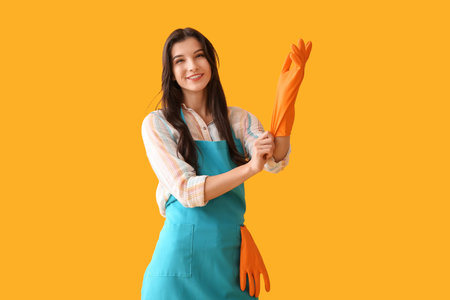 Young woman putting on rubber gloves against yellow backgroundの写真素材