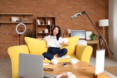 Young Asian woman recording podcast at homeの写真素材