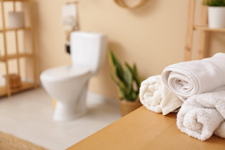 Interior of stylish bathroom with houseplant, ceramic toilet bowl and towels on wooden tableの写真素材