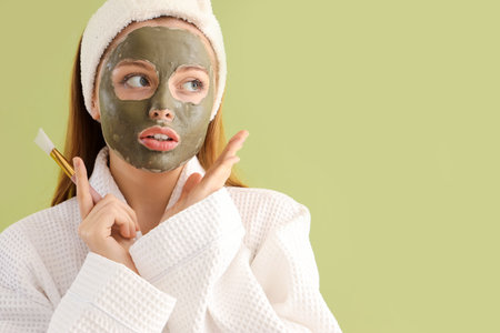 Young woman with applied facial mask on green background, closeupの写真素材