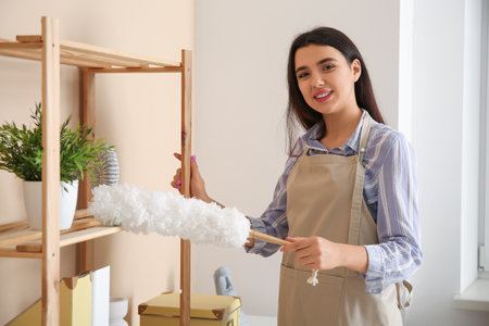 Young woman cleaning furniture with pp-duster in living roomの写真素材