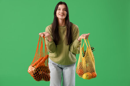 Pretty young woman with fresh fruits and vegetables in string bag on green backgroundの写真素材