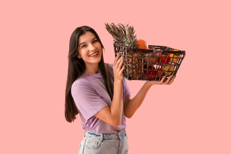 Pretty young woman with fresh fruits in basket on pink backgroundの写真素材