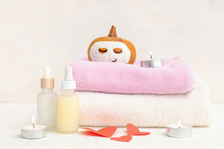 Pumpkin with drawn face, spa supplies, paper hearts and clay mask on light backgroundの写真素材