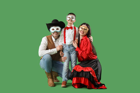 Happy family in costumes and carnival masks on green backgroundの写真素材