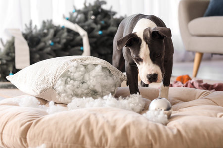 Naughty Staffordshire Terrier with Christmas ball and torn pillow on pet bed at home