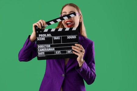 Beautiful stylish woman with clapperboard on green backgroundの写真素材