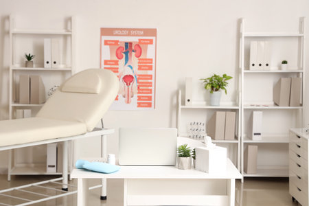 Interior of medical office with workplace, couch and shelf unitsの写真素材