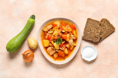 Bowl with delicious beef stew and different ingredients on beige backgroundの写真素材