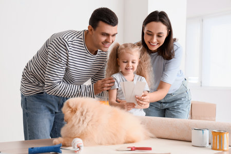 Happy family during repair of their new houseの写真素材