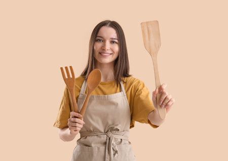 Pretty young woman in apron with wooden utensils on beige backgroundの写真素材