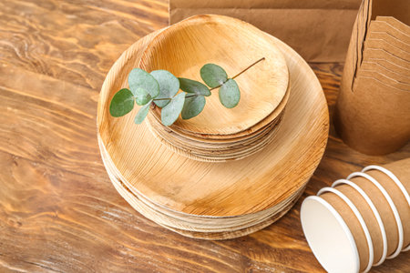 Eco tableware with plant branch on brown wooden background